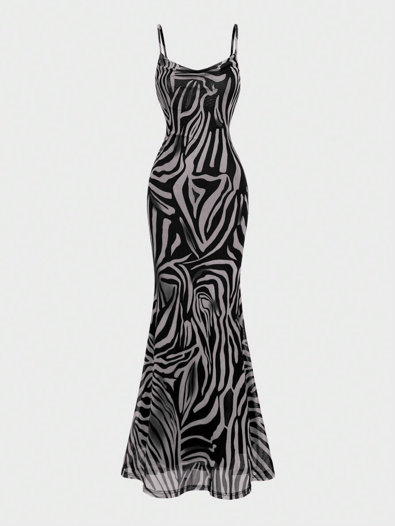 OYOANGLE Women's Zebra Spaghetti Strap Maxi Dresses Cowl Neck Bodycon Dress | Zebra Print, Spaghetti Strap, Maxi Dresses, Sleeveless, Cowl Neck, Formal Bodycon Dress