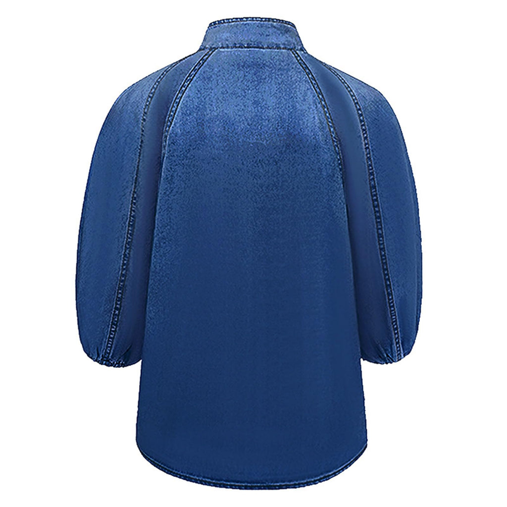 Women's Bow Design Denim Pullover Top Button Up High Neck Fashionable Jacket with Elastic and Puff Sleeves