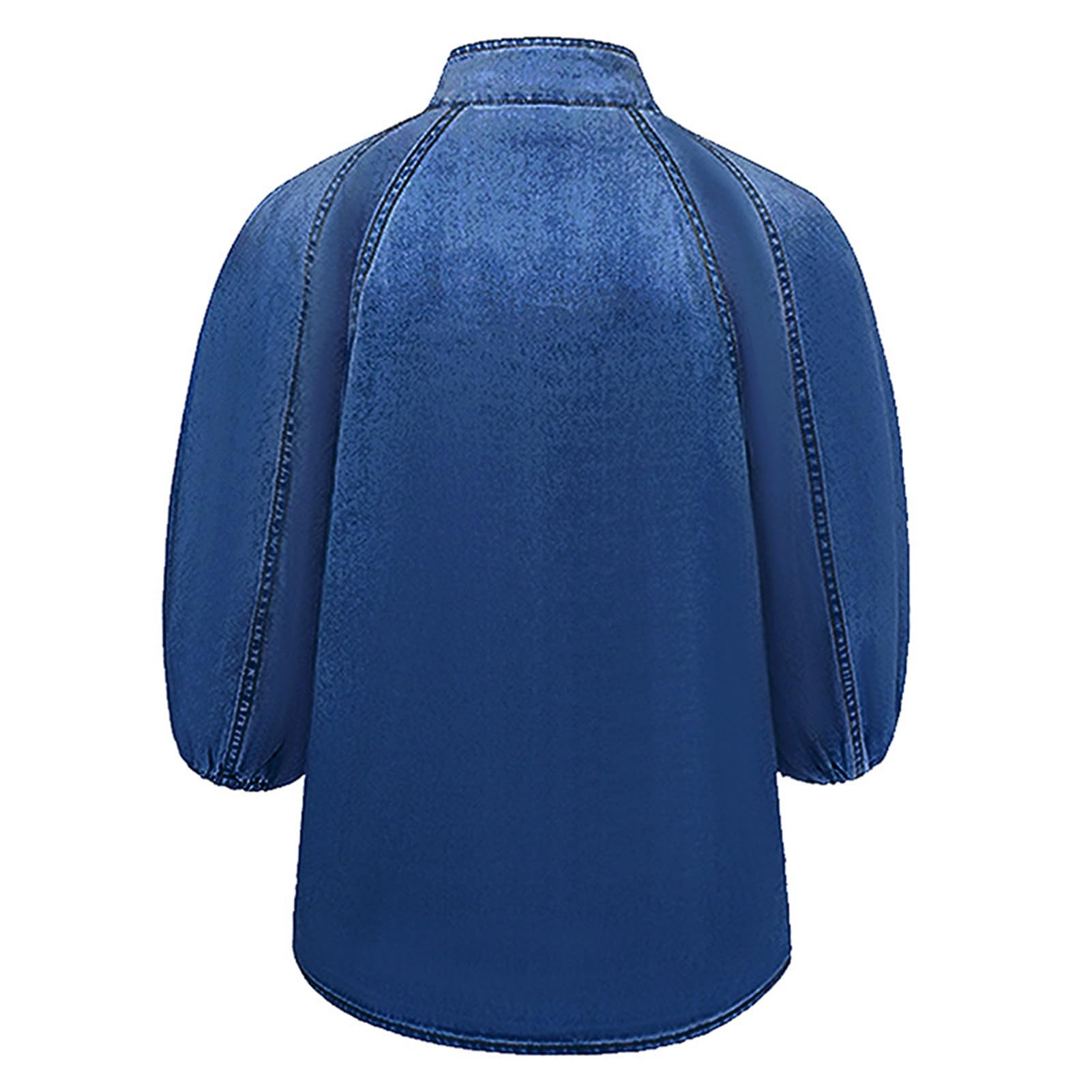 Women's Bow Design Denim Pullover Top Button Up High Neck Fashionable Jacket with Elastic and Puff Sleeves