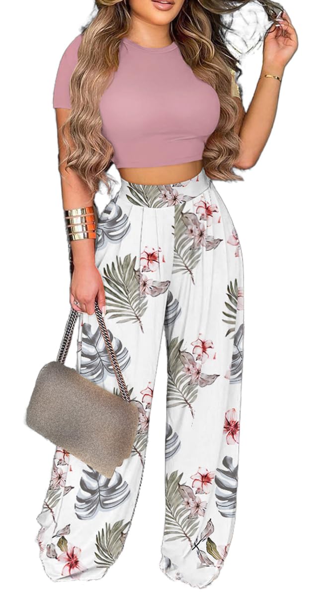 2 Piece Outfits for Women Short Sleeve Crop Top High Waist Wide Leg Long Pant Sets Tracksuit Sport Set