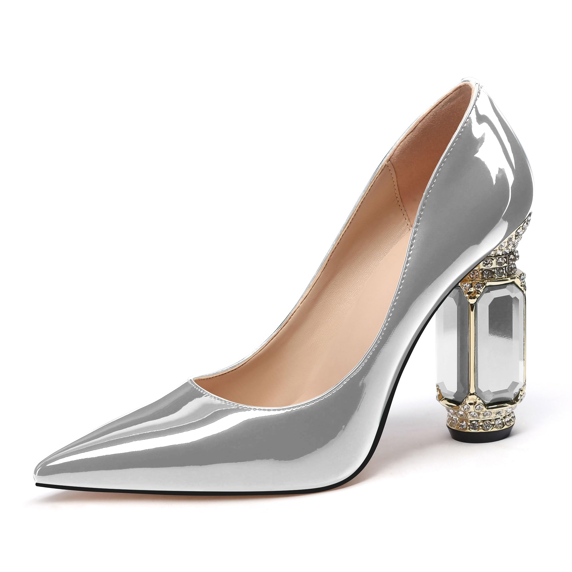 JANSEVEN Women Chunky Heels Pumps Crystal Block Heels with Rhinestones Pointed Toe Sexy Gradient Patent Leather Slip on Bridal Party Wedding Dress Shoes 5-13 M US