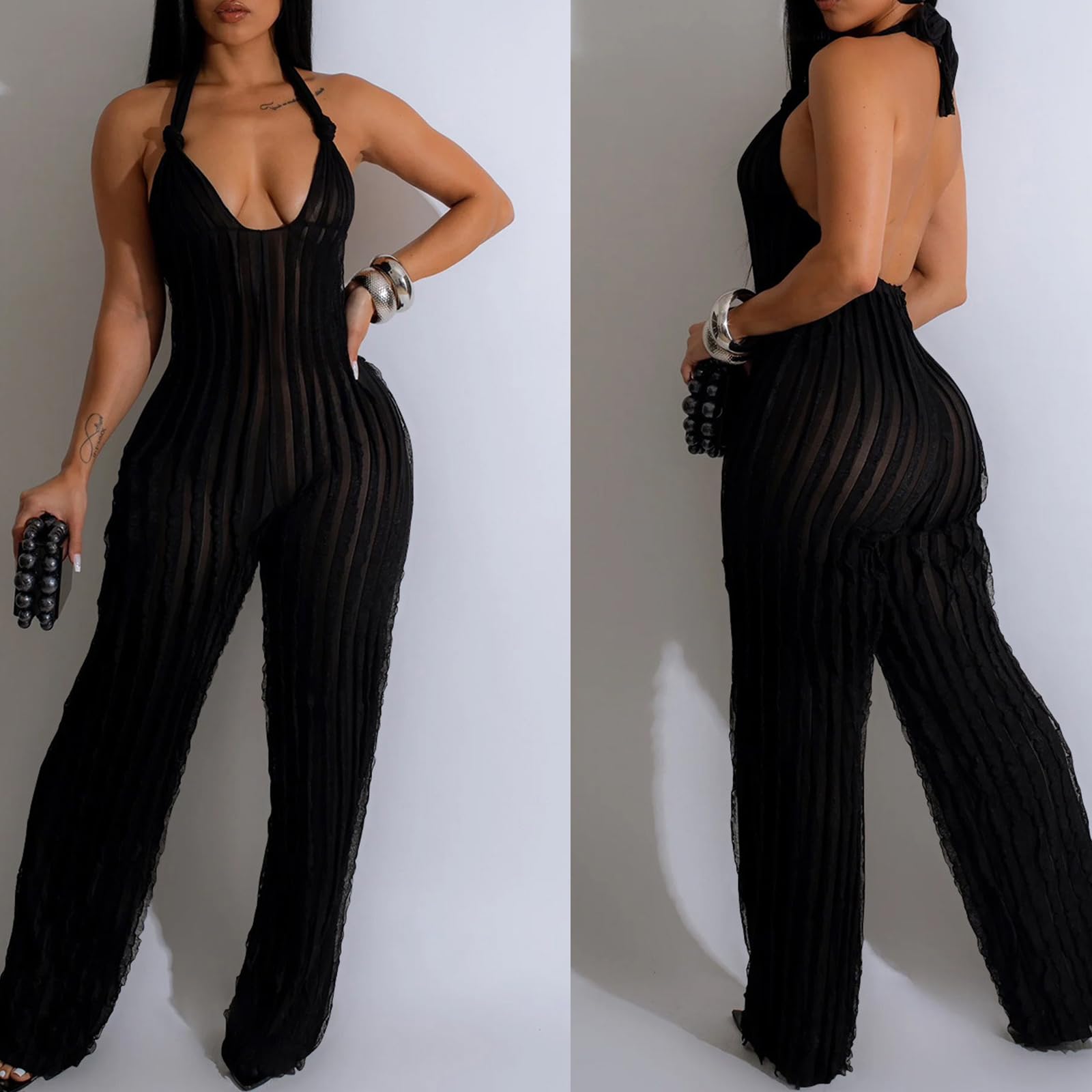 YBSKG Summer Halter Backless Jumpsuits for Women One Piece Wide Long Pants | Sexy See Through V Neck Tie Pleated One Piece Wide Leg Long Pants Romper