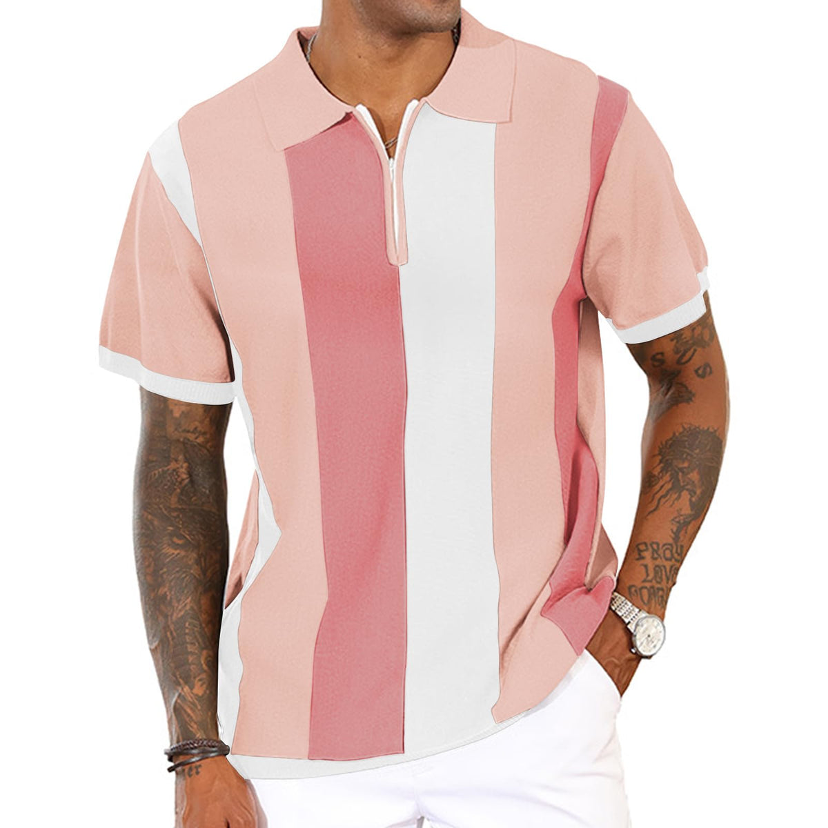 CTU Mens Casual Polo Shirts Vintage Striped Knit Golf Shirts Slim Fit Tops | Fashion,Pullover Dress Shirts,Collared with Zipper,Short Sleeve,Color Blocking,Suit for Daily Casual,Business,Work,Golf