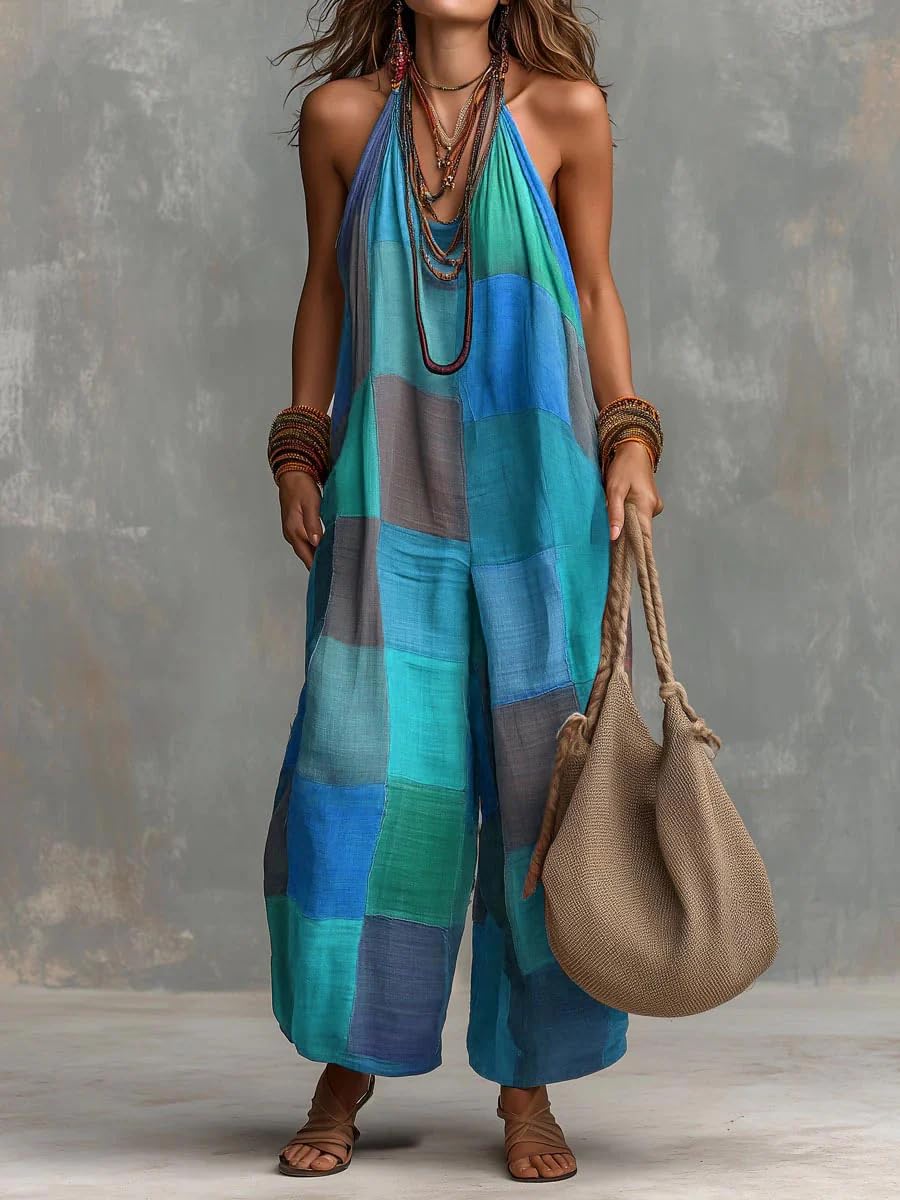 REASERAL Womens Boho Halter Jumpsuits Color Block Wide Leg Sleeveless Backless Casual Beach Vacation Summer Jumpsuit