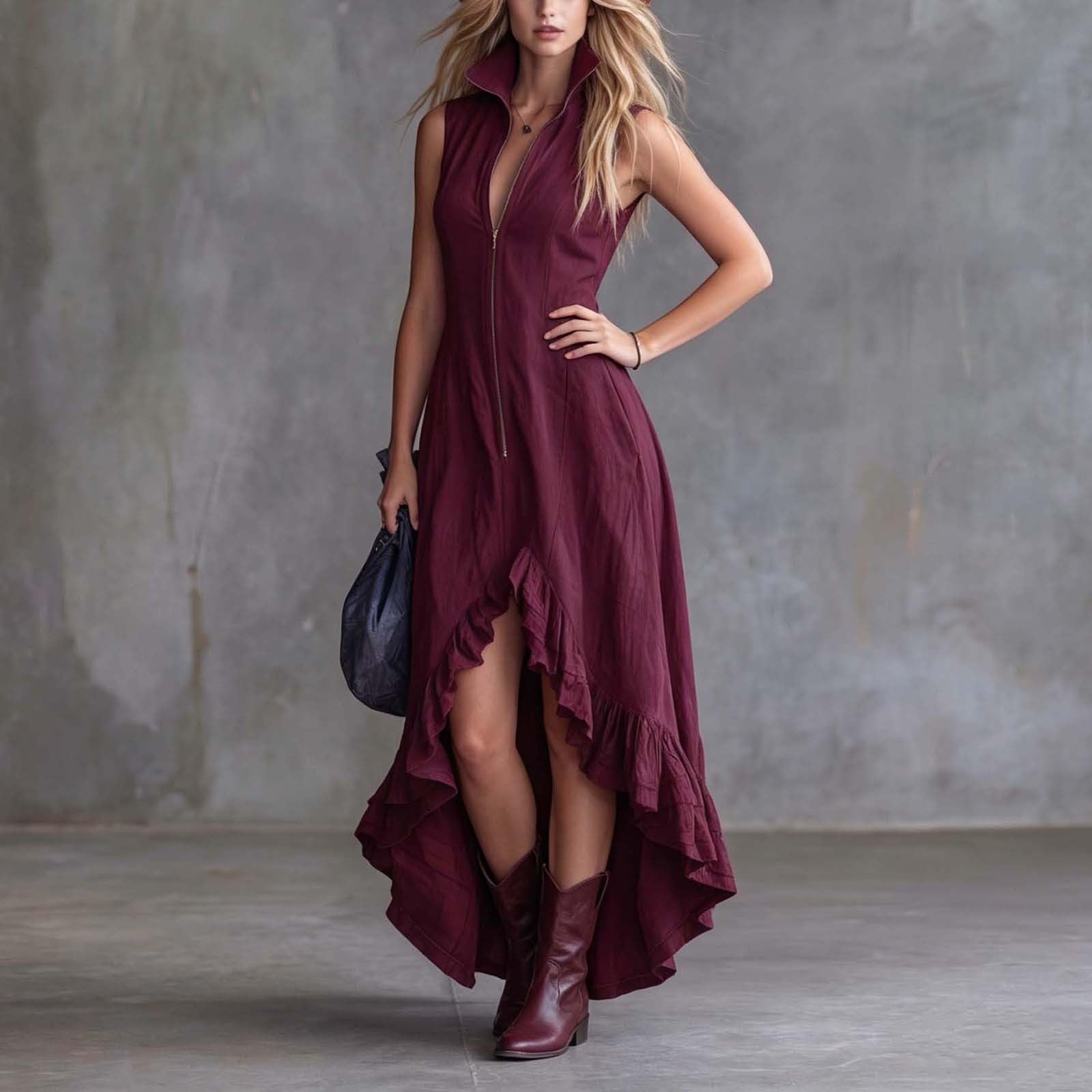 YMADREIG Boho Dresses for Women 2026 Cotton Linen Western Maxi Dress Summer Sleeveless High Low Ruffle Hem Dress with Pocket