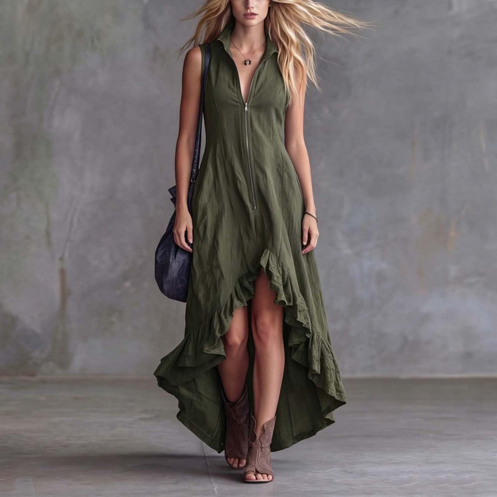 YMADREIG Boho Dresses for Women 2026 Cotton Linen Western Maxi Dress Summer Sleeveless High Low Ruffle Hem Dress with Pocket