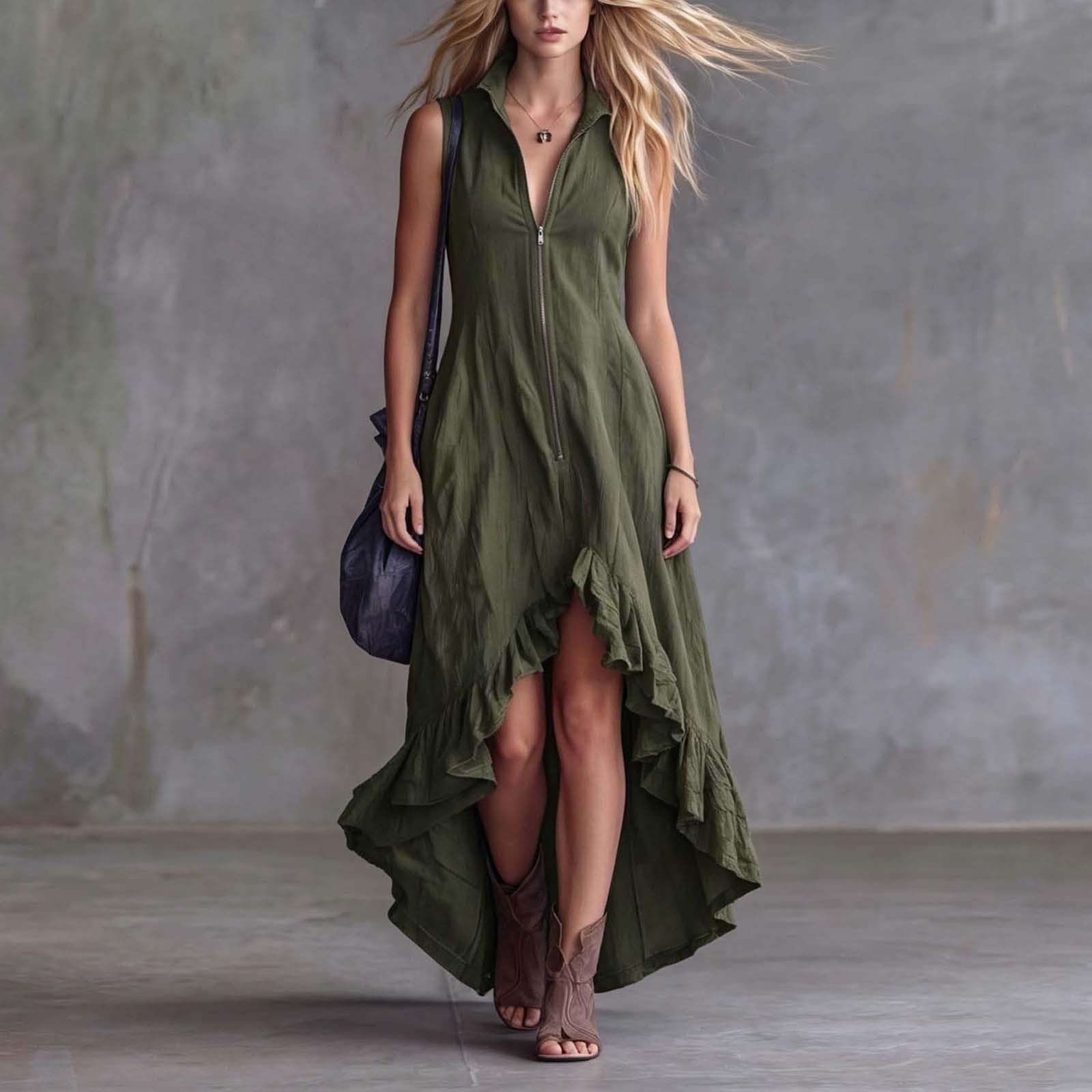 YMADREIG Boho Dresses for Women 2026 Cotton Linen Western Maxi Dress Summer Sleeveless High Low Ruffle Hem Dress with Pocket