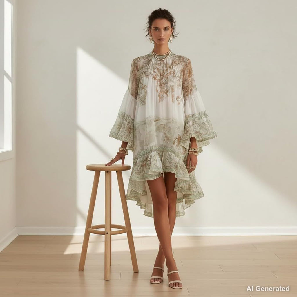 Women's Vintage Boho Chiffon Dress Navy Blue Baroque Print High Neck Irregular Lantern Sleeve Dress Casual Party Vacation