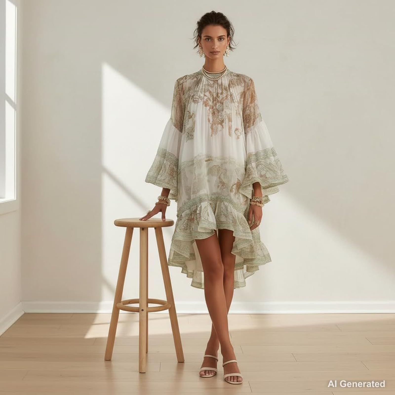 Women's Vintage Boho Chiffon Dress Navy Blue Baroque Print High Neck Irregular Lantern Sleeve Dress Casual Party Vacation