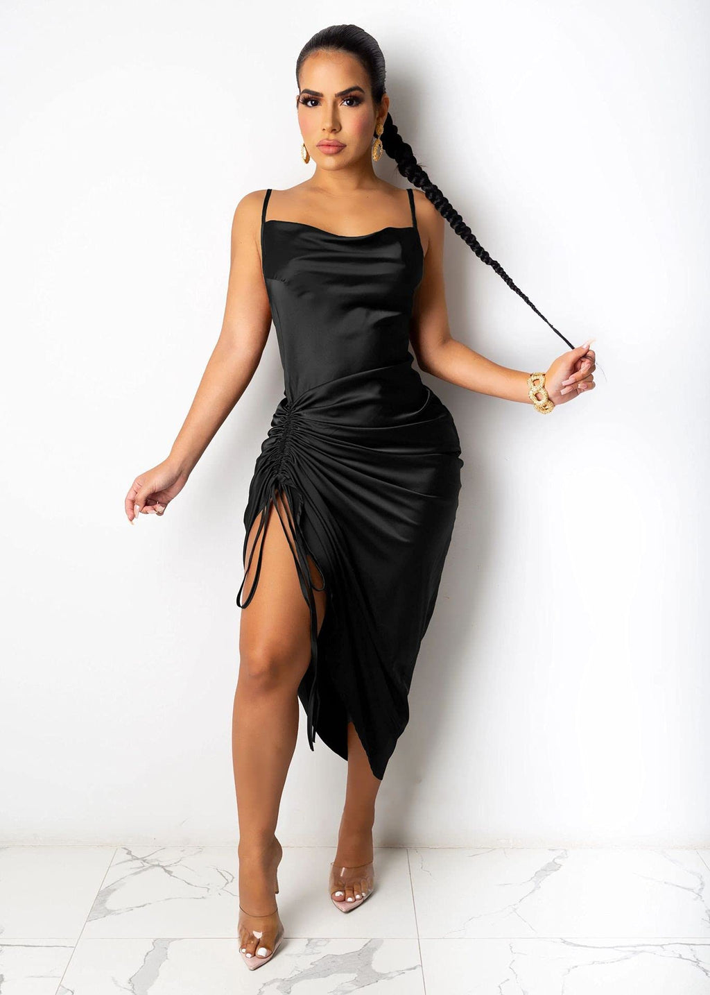Women's Spaghetti Strap Satin Dress Sexy Backless Drawstring Ruched Split Hem Cocktail Evening Party