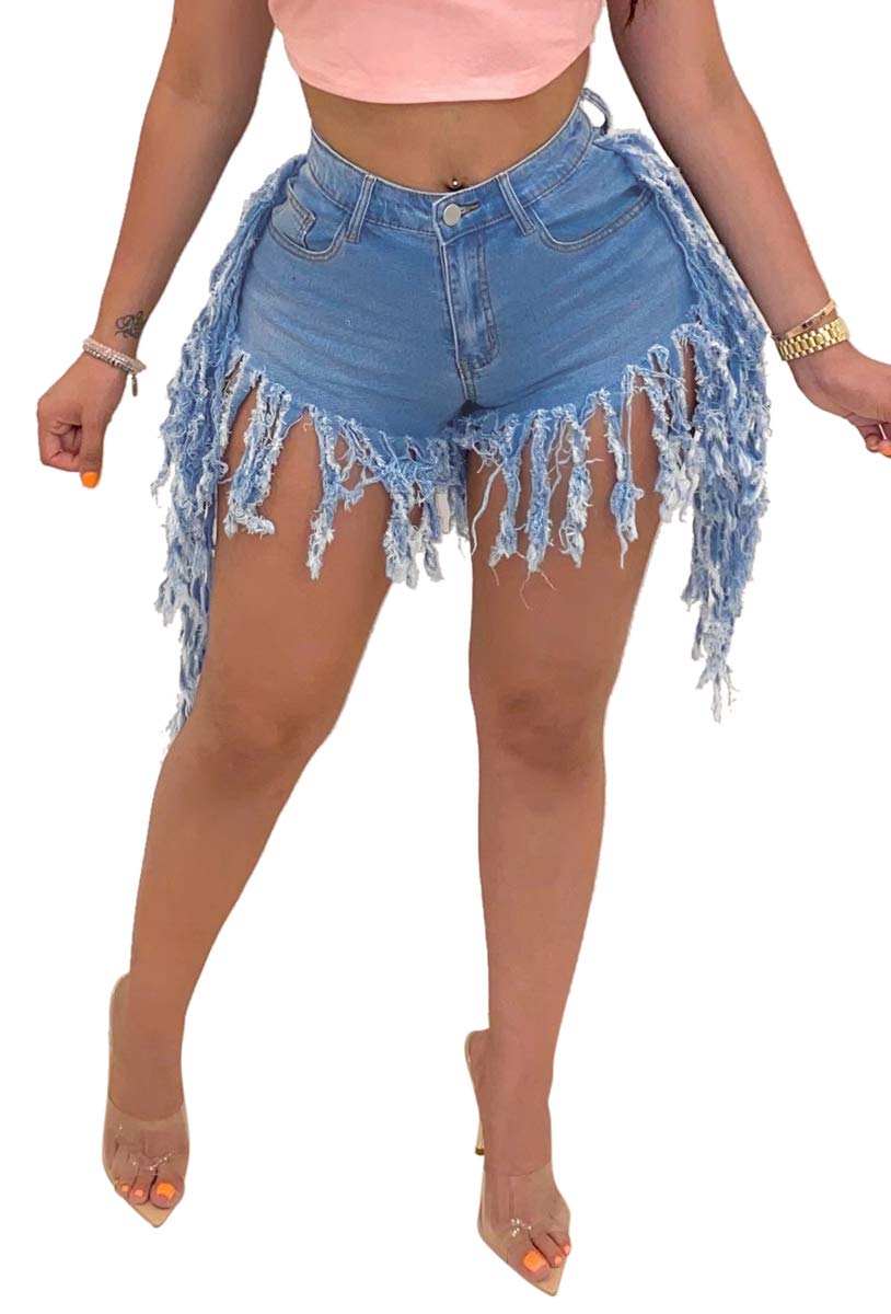 Women's Denim Shorts High Waisted Frayed Raw Hem Ripped Short Jeans | Fringe,Summer,Stretchy,with Pockets