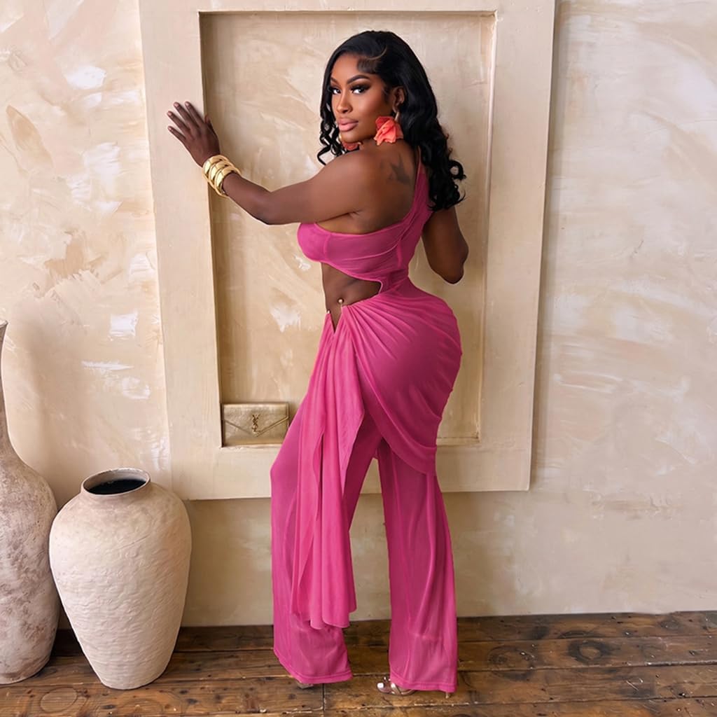Sexy Jumpsuits for Women Cutout Sheer Mesh One Shoulder Draped Ruched Wrap One Piece Club Outfits for Women