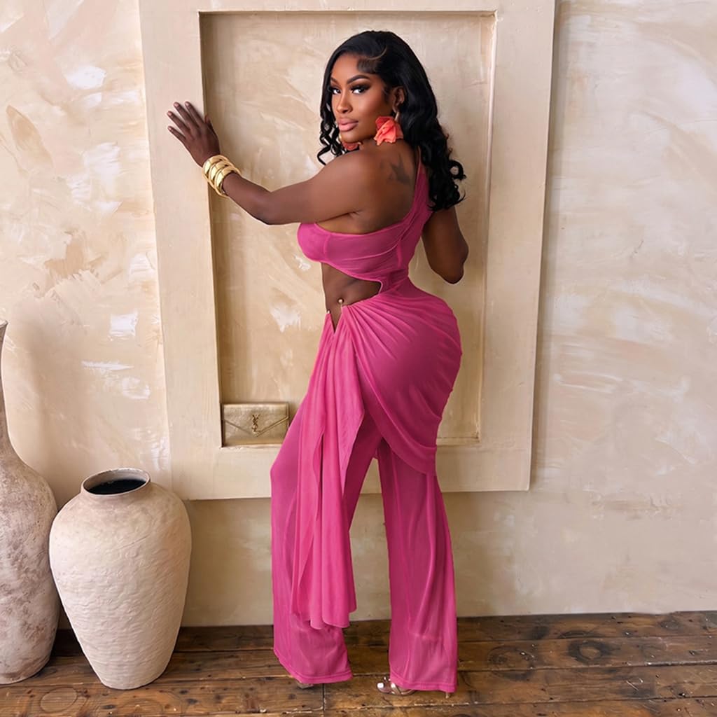 Sexy Jumpsuits for Women Cutout Sheer Mesh One Shoulder Draped Ruched Wrap One Piece Club Outfits for Women