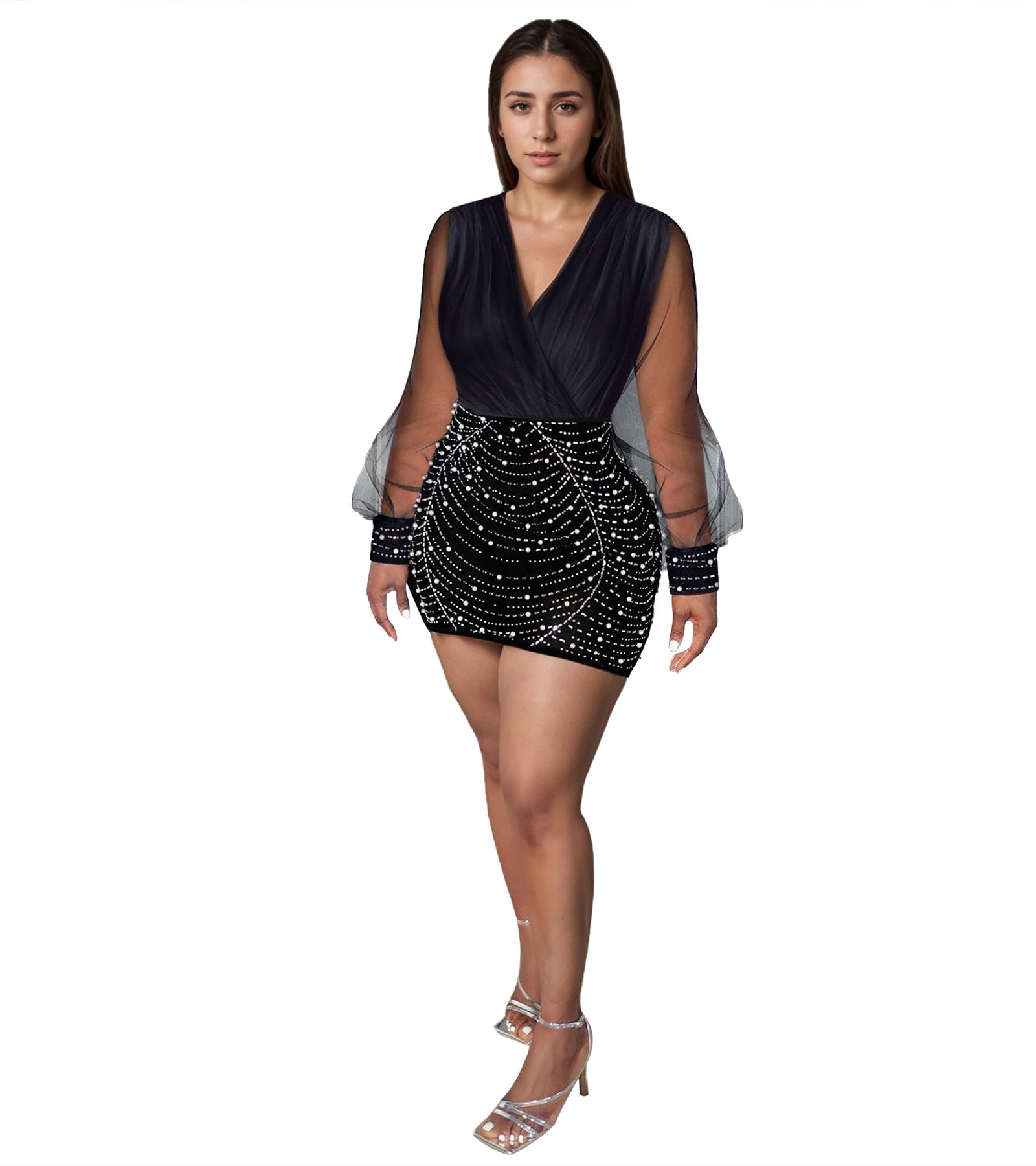 Nagfar Women's Sexy Elegant Rhinestone Mesh Glitter Party Night Out Dress