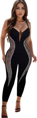 PORRCEY Sexy Rhinestone Jumpsuit for Women Mesh See Through Romper Clubwear