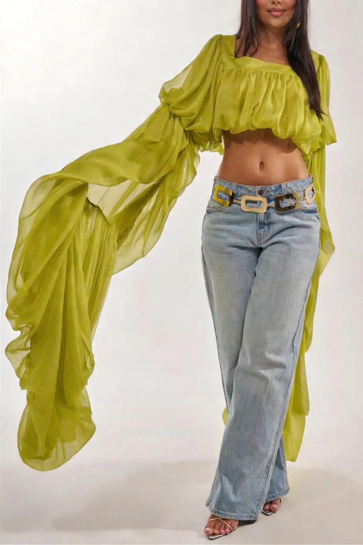 YOOTIKO Women Flowy Chiffon Crop Blouses Ruffle Long Bell Sleeve Tops | Trendy Square Neck Going Out Shirts,Elegant Evening Party Wear