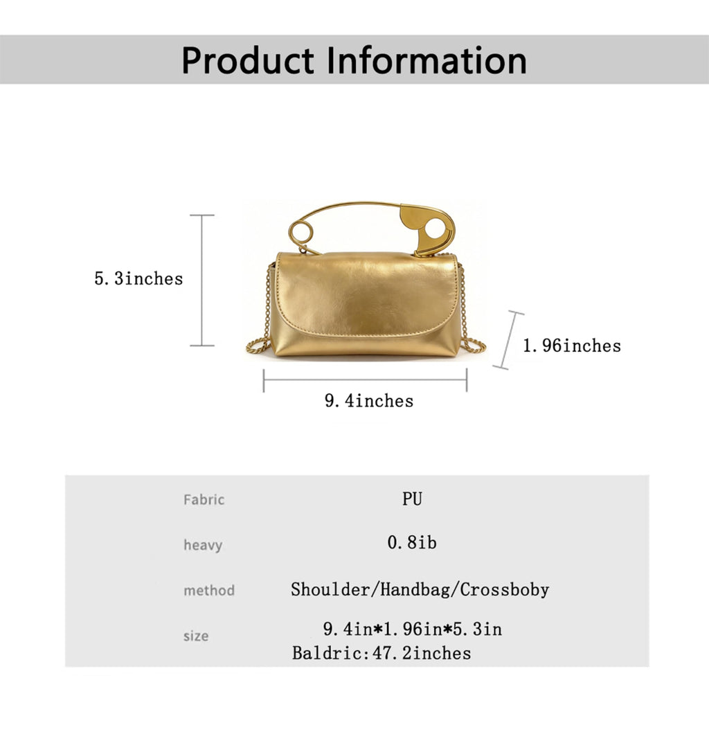Women's Unique Safety Pin Crossbody Purse | Leather Clutch Bag Gold Handles Chain novelty clutch