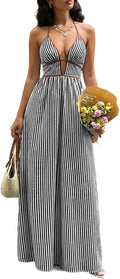 Women Summer Striped Halter Maxi Dress Sexy Beach Vacation Sundress | Casual, travel brunch dresses, soft fabric, deep v neck, backless, smocked, flowy, a line