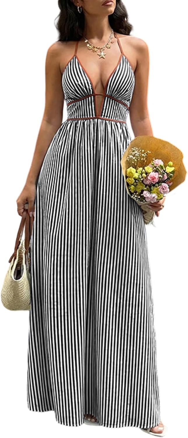 Women Summer Striped Halter Maxi Dress Sexy Beach Vacation Sundress | Casual, travel brunch dresses, soft fabric, deep v neck, backless, smocked, flowy, a line