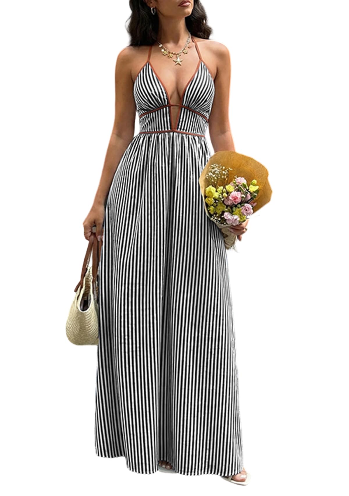 Women Summer Striped Halter Maxi Dress Sexy Beach Vacation Sundress | Casual, travel brunch dresses, soft fabric, deep v neck, backless, smocked, flowy, a line