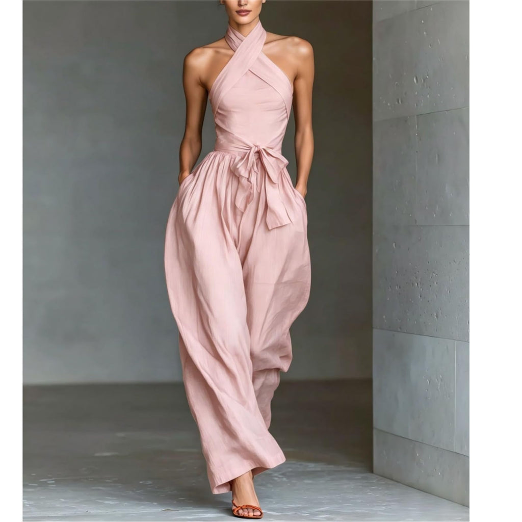 Backless Rompers for Women Casual Ink Printed Sleeveless High Waist Wide Leg Jumpsuit Sexy Halter Boho Vacation Party Outfits
