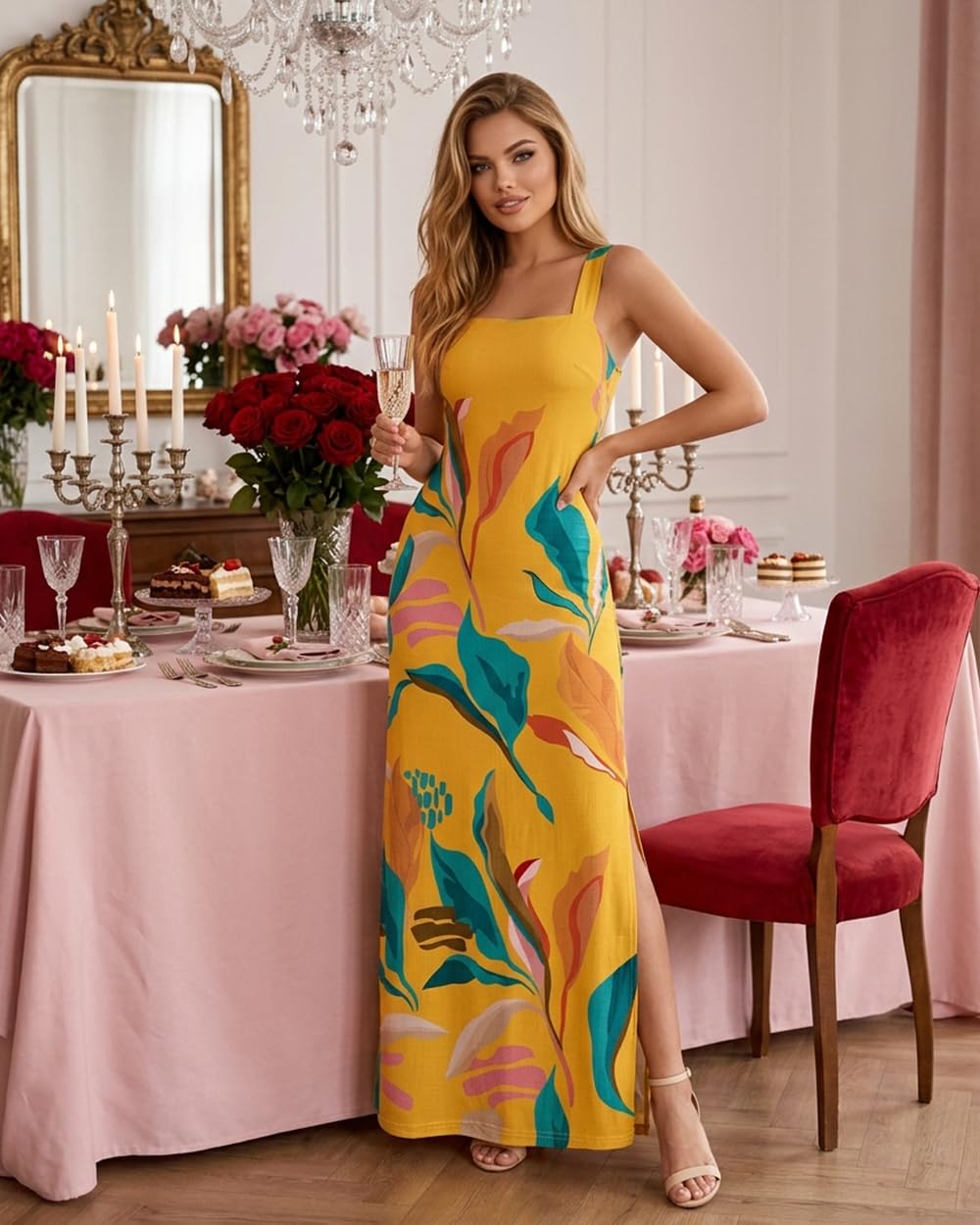 CHICME Maxi Dresses for Women Strap Square Boho Dress | Thick Strap Sundresses for Women, Split Summer Dress with Pockets, Travel, Vacation, Beach Dress Cruise 2026