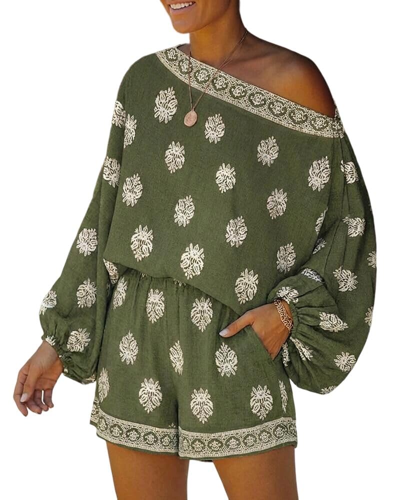 CHICME Boho Linen Sets Women's 2 Piece Lantern Sleeve Summer Shorts Set | Beach Vacation Summer Outfit, Shorts Sets Women 2 Piece Outfits, Top and Shorts Set, Soft Breathable Fabric, Elastic Waist