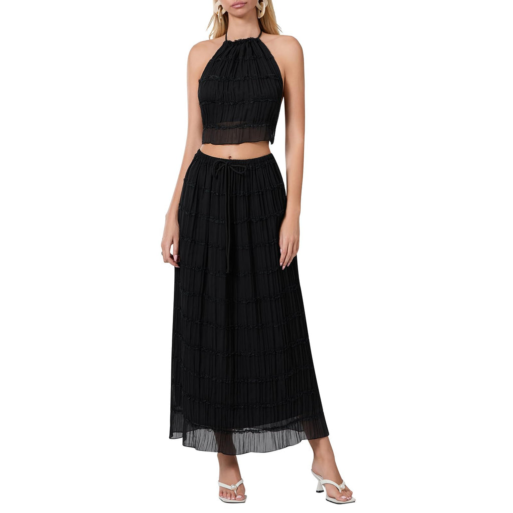 Women Y2K Skirt Set Outfits Strapless Crop Top Bodycon Midi Skirt Dress Sexy 2 Piece Knit Outfits Skirt Summer