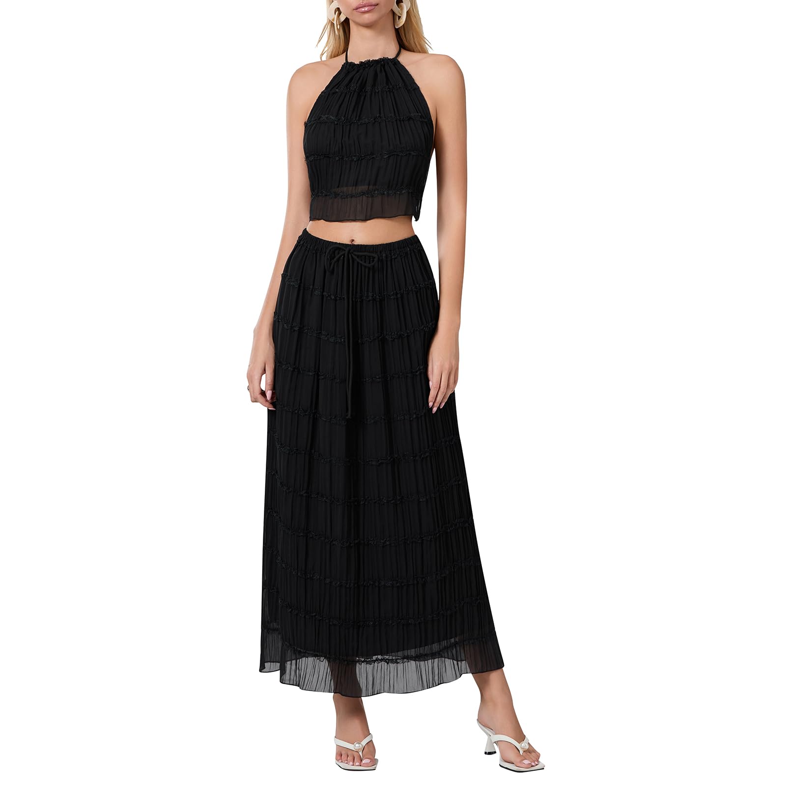 Women Y2K Skirt Set Outfits Strapless Crop Top Bodycon Midi Skirt Dress Sexy 2 Piece Knit Outfits Skirt Summer