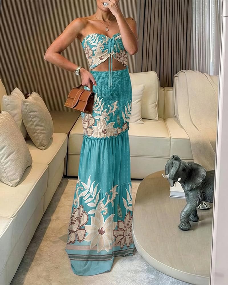 CHICME Floral Vacation Dress Halter Tie Ruched Womens Maxi Dress | Sleeveless Slim Dress, 3-Way Tie: Halter, Bow or Strapless,Ruffle Mermaid Hem for Party,Vacation,Wedding Guest