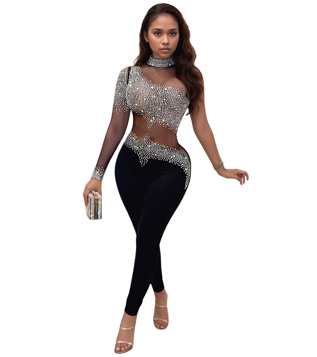 PORRCEY Sexy Rhinestone Jumpsuit for Women Mesh See Through Romper Clubwear