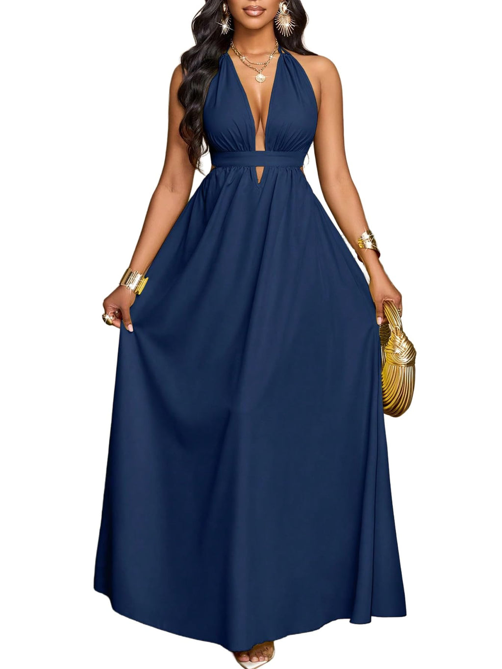 SKAYS Women's Summer Backless Tie-Waist Dress Solid Color Sexy V-Neck Beach Vacation Maxi Dress Formal Party Dress