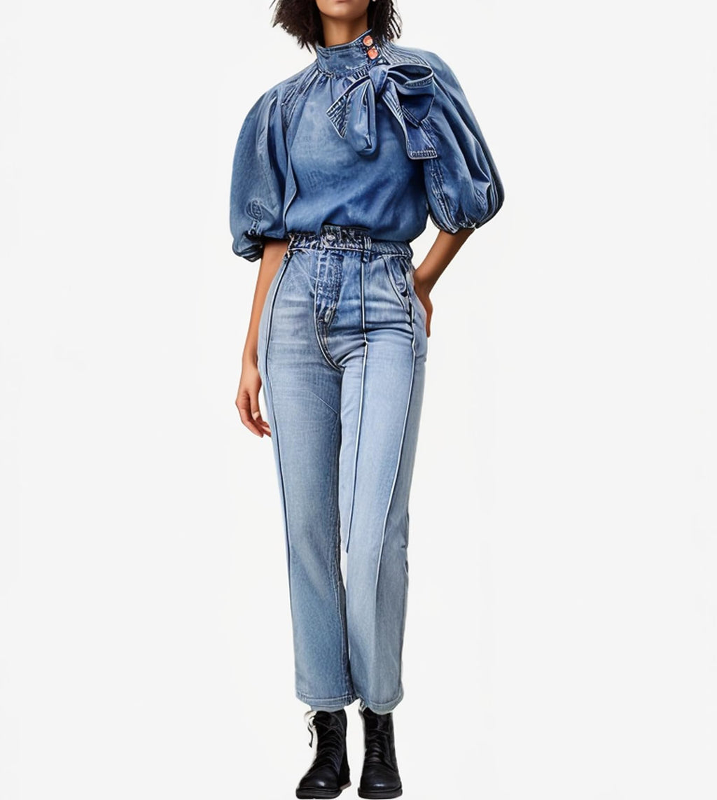 Women's Bow Design Denim Pullover Top Button Up High Neck Fashionable Jacket with Elastic and Puff Sleeves