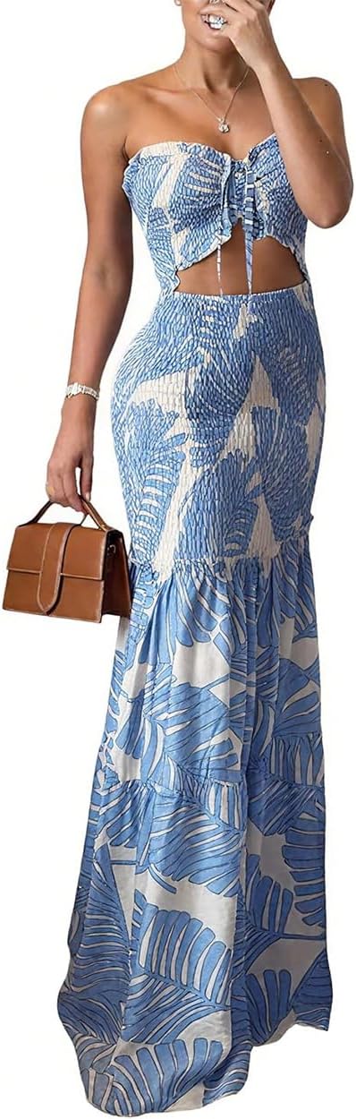 CHICME Floral Vacation Dress Halter Tie Ruched Womens Maxi Dress | Sleeveless Slim Dress, 3-Way Tie: Halter, Bow or Strapless,Ruffle Mermaid Hem for Party,Vacation,Wedding Guest