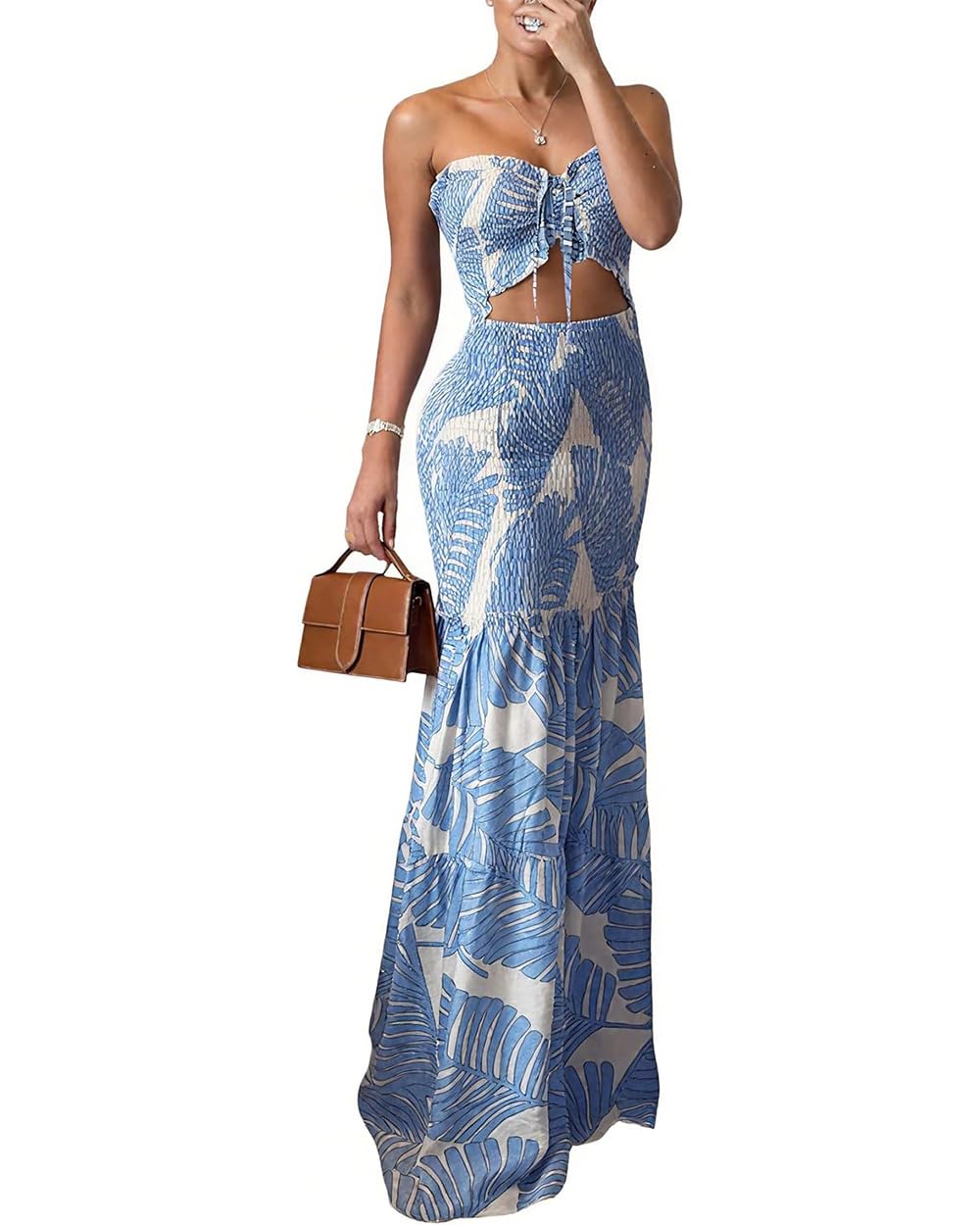 CHICME Floral Vacation Dress Halter Tie Ruched Womens Maxi Dress | Sleeveless Slim Dress, 3-Way Tie: Halter, Bow or Strapless,Ruffle Mermaid Hem for Party,Vacation,Wedding Guest