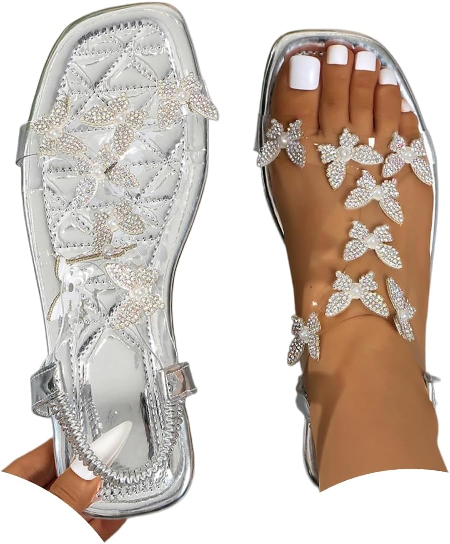 Women's Butterfly Rhinestone Flat Sandals Glitter Sparkly Bling Strappy Open Toe Elegant Transparent Elastic Strap Gladiator Sandals for Dressy Summer Wedding Bridal Prom Travel Daily Wear
