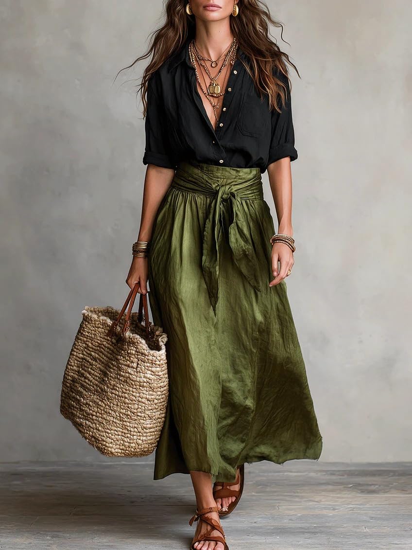 Women Boho Contrast 2 Piece Outfit, Long Sleeve Button Down Shirt & Tie Waist Flowy Midi Skirt Casual Vacation Set