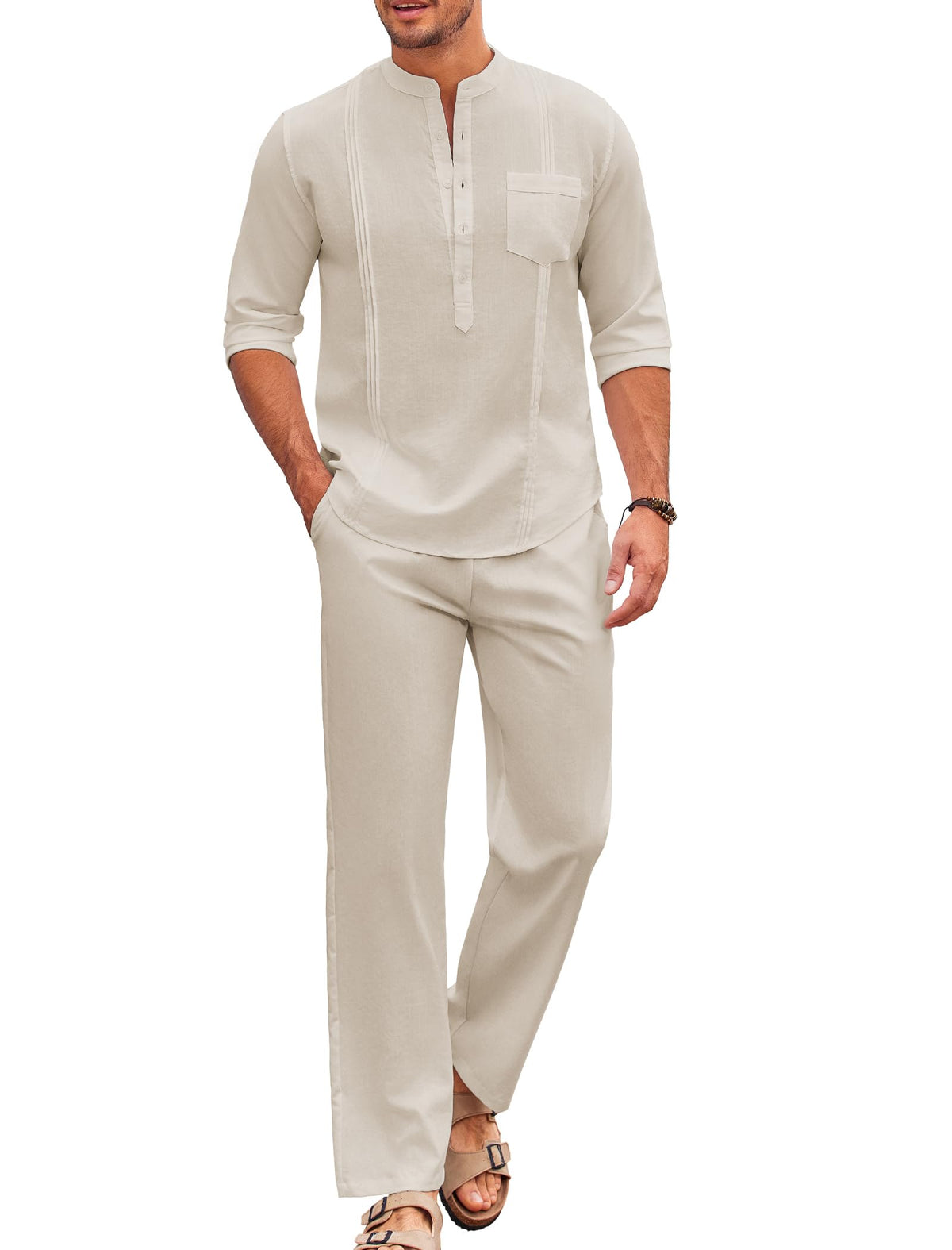 COOFANDY Men's 2 Piece Cotton Sets Casual Long Sleeve Cuban Henley Shirt and Loose Pants Set Beach Vacation Outfits