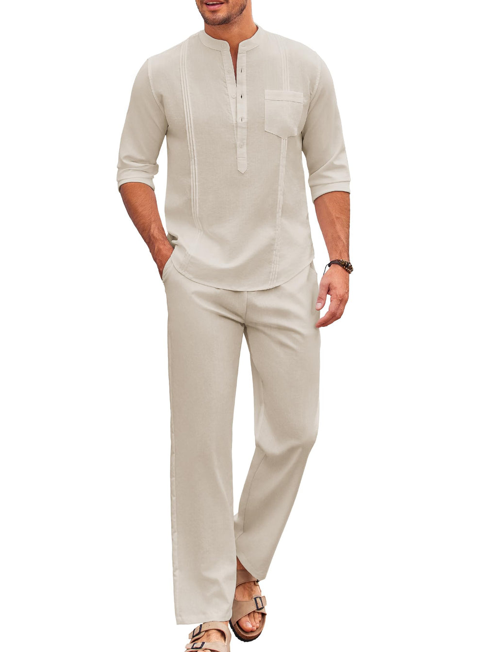 COOFANDY Men's 2 Piece Cotton Sets Casual Long Sleeve Cuban Henley Shirt and Loose Pants Set Beach Vacation Outfits