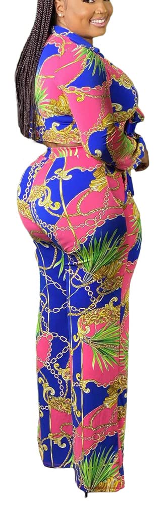 2 Piece Outfits for Women Sexy V Neck Print Shirts Tie Knot Batwing Blouses Crop Top Wide Leg Pants Set