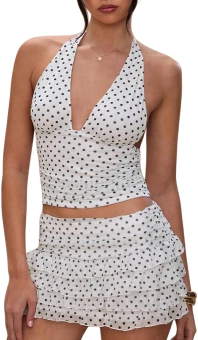 Women Summer Polka Dot Set Halter Mini Tiered Skirt Set | Built in shorts, Ruched Waist, Tiered Ruffle, Mesh outer layer, ideal for going out, vacation, birthday, night out