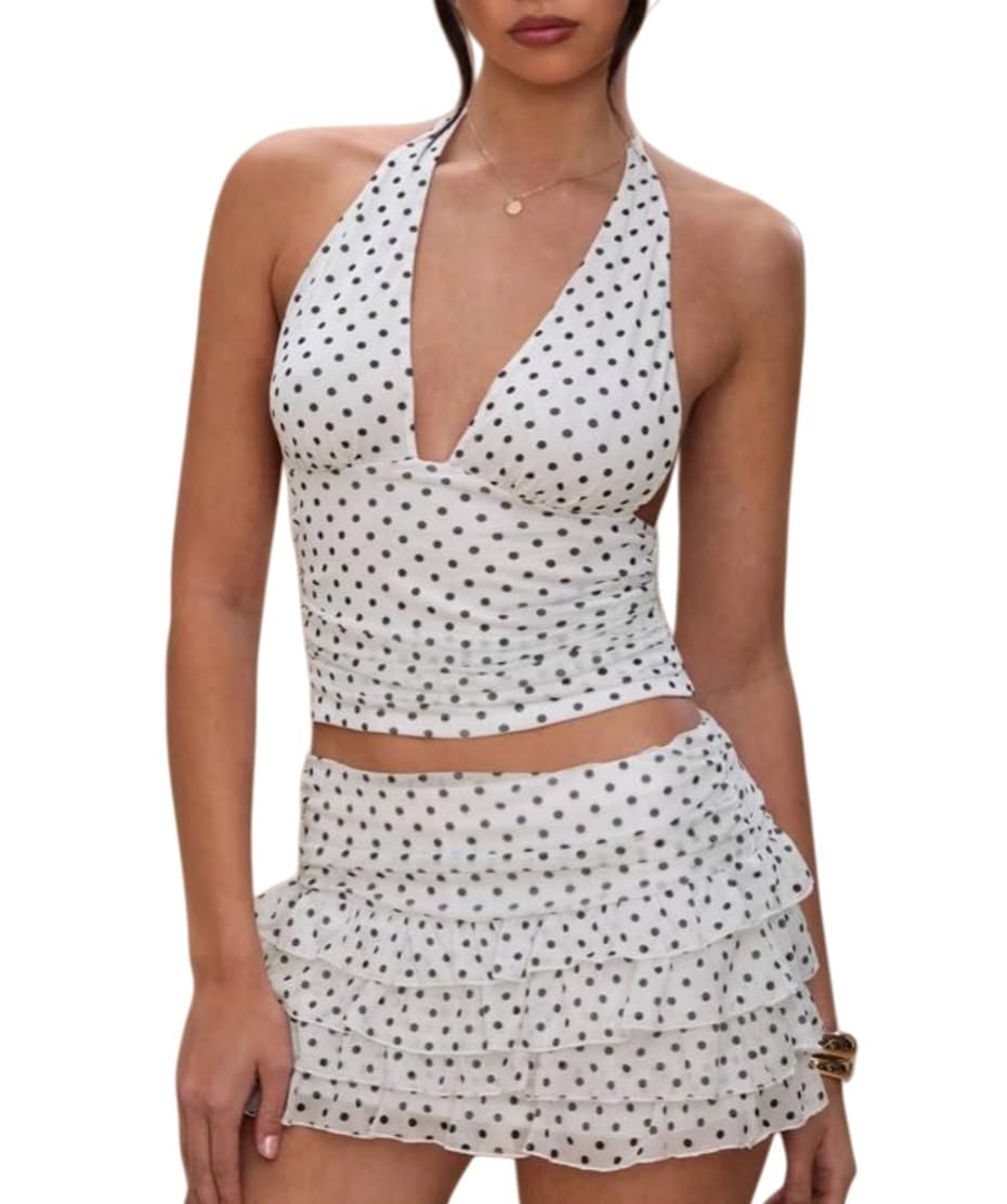 Women Summer Polka Dot Set Halter Mini Tiered Skirt Set | Built in shorts, Ruched Waist, Tiered Ruffle, Mesh outer layer, ideal for going out, vacation, birthday, night out