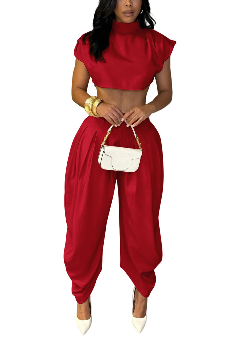 Ekaliy Womens Casual 2 Piece Outfits Cap Sleeve Crop Top Palazzo Pants Set | Mock Neck,Short Sleeve,Zipper-Back Crop Top,High-Waisted Pleated Pants,Wide Leg Dress Pants,2 Piece Sets For Women Dressy