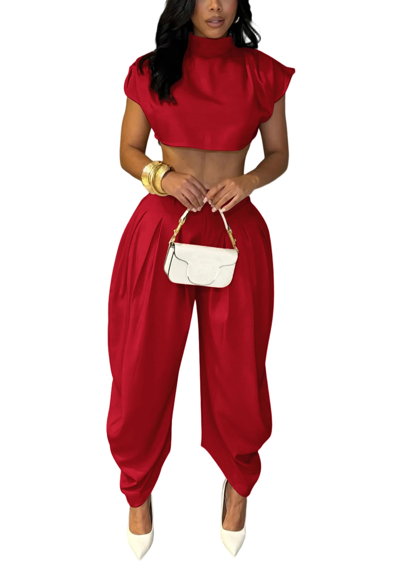 Ekaliy Womens Casual 2 Piece Outfits Cap Sleeve Crop Top Palazzo Pants Set | Mock Neck,Short Sleeve,Zipper-Back Crop Top,High-Waisted Pleated Pants,Wide Leg Dress Pants,2 Piece Sets For Women Dressy