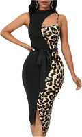 GORGLITTER Women's Cheetah Leopard Animal Print Patchwork Y2K Midi Dress | Tie Front, Split Slit Bodycon Dress, Rave Going Out Outfits, Church Graduation Dinner Dress