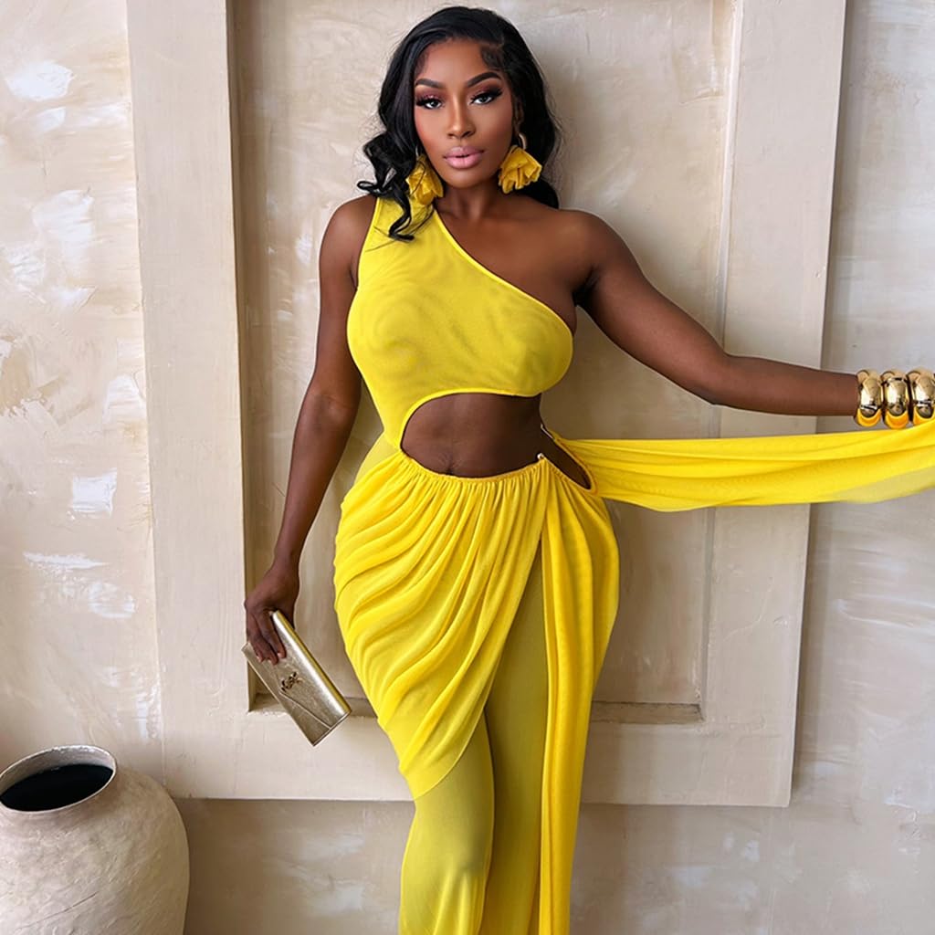 Sexy Jumpsuits for Women Cutout Sheer Mesh One Shoulder Draped Ruched Wrap One Piece Club Outfits for Women