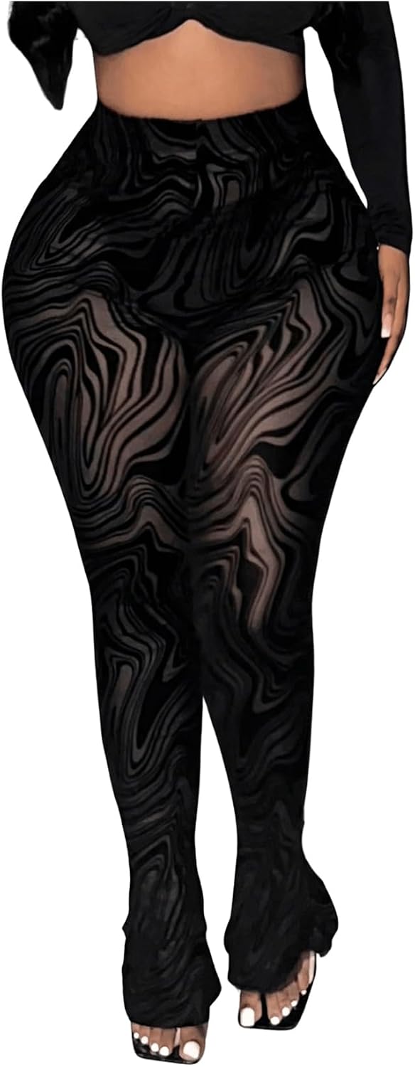 RoseSeek Women's Sheer Mesh Leggings See Through Bell Bottom Skinny Pants | High Waisted, Flared Skinny, Lace Pants, Going Out Bottoms, Bell Bottom Rave Outfits