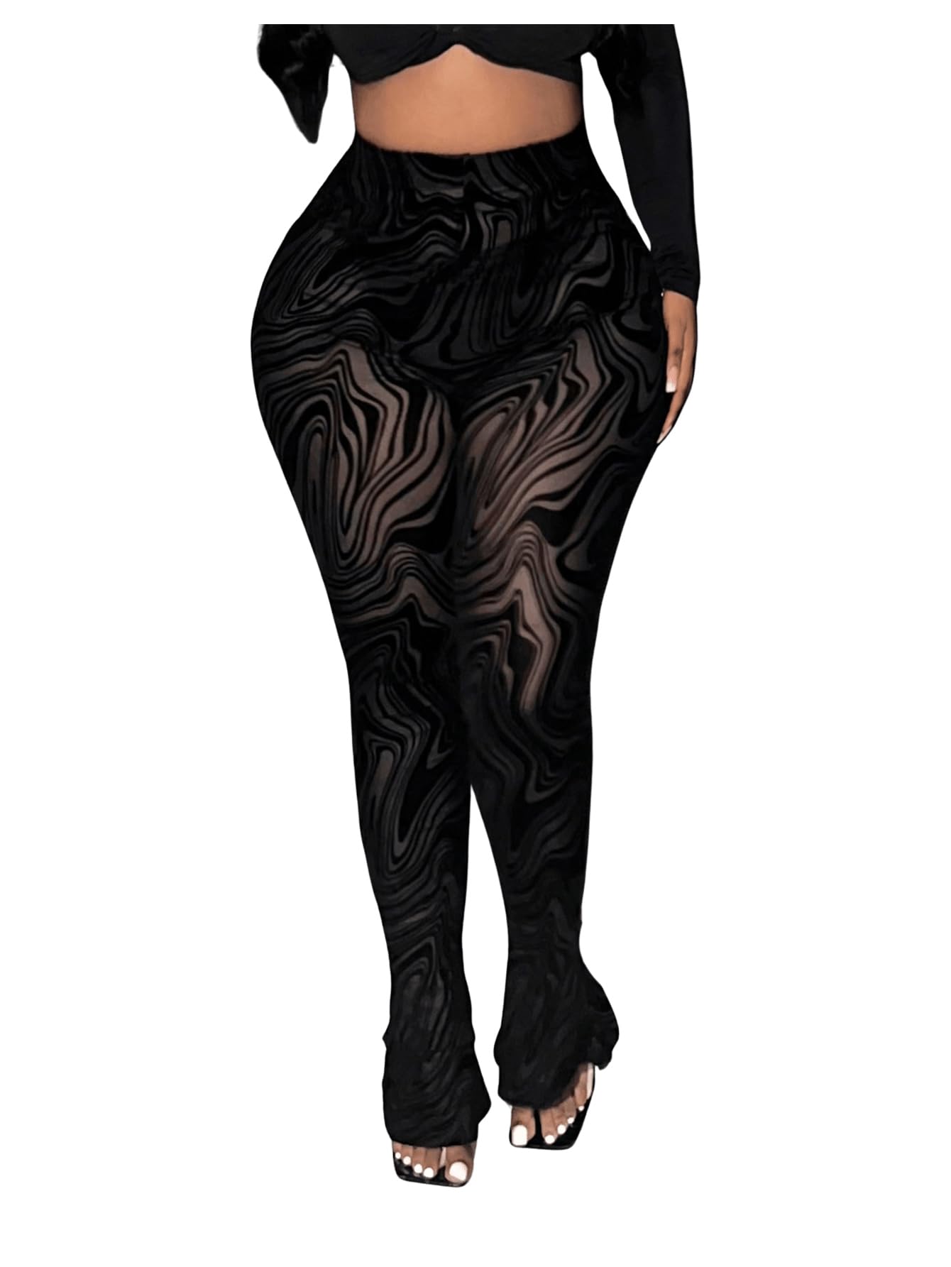 RoseSeek Women's Sheer Mesh Leggings See Through Bell Bottom Skinny Pants | High Waisted, Flared Skinny, Lace Pants, Going Out Bottoms, Bell Bottom Rave Outfits