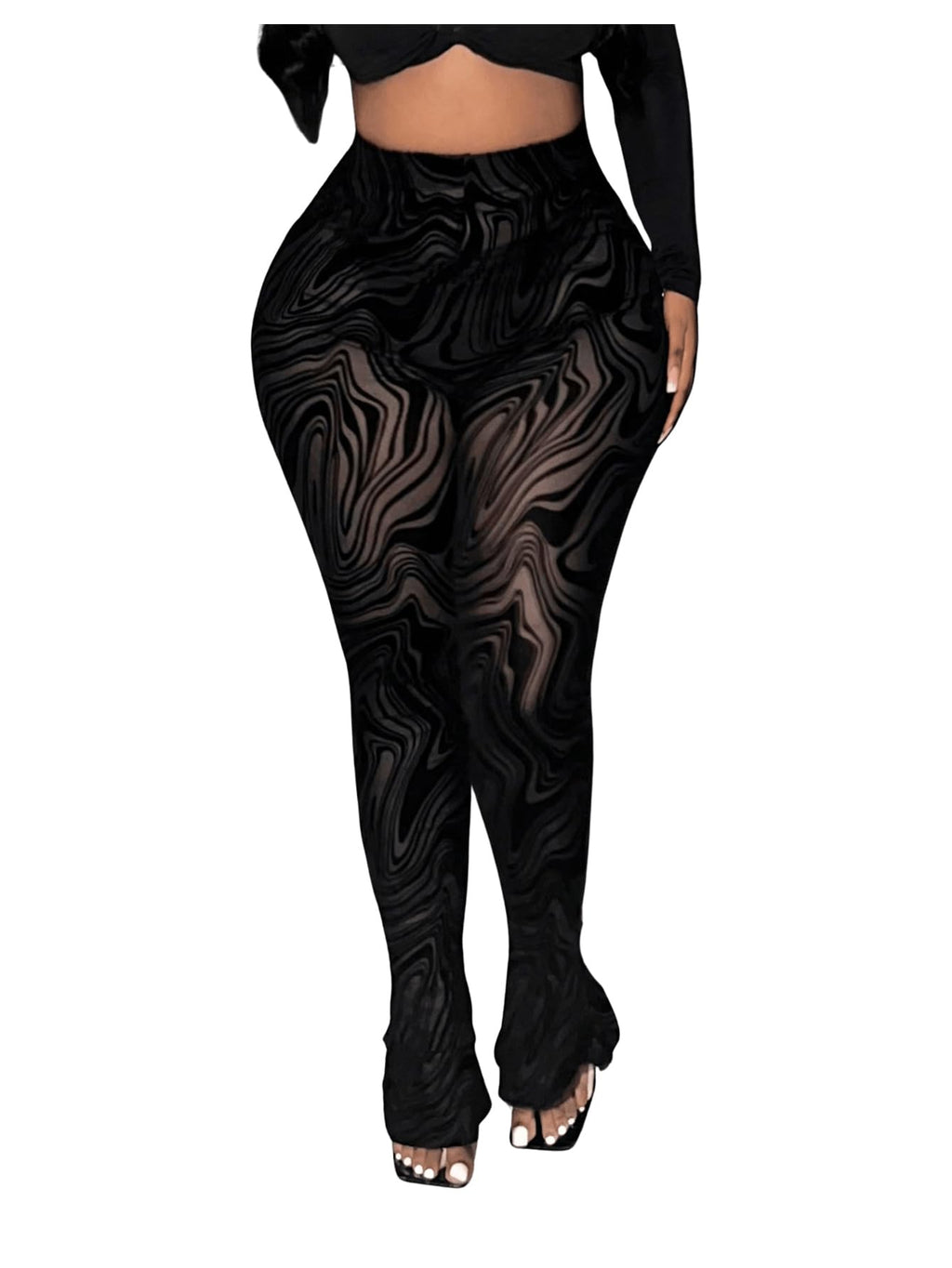 RoseSeek Women's Sheer Mesh Leggings See Through Bell Bottom Skinny Pants | High Waisted, Flared Skinny, Lace Pants, Going Out Bottoms, Bell Bottom Rave Outfits