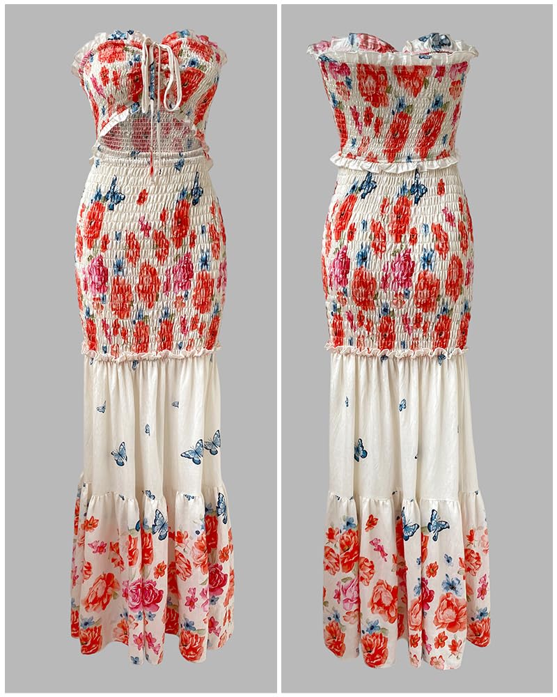 CHICME Floral Vacation Dress Halter Tie Ruched Womens Maxi Dress | Sleeveless Slim Dress, 3-Way Tie: Halter, Bow or Strapless,Ruffle Mermaid Hem for Party,Vacation,Wedding Guest